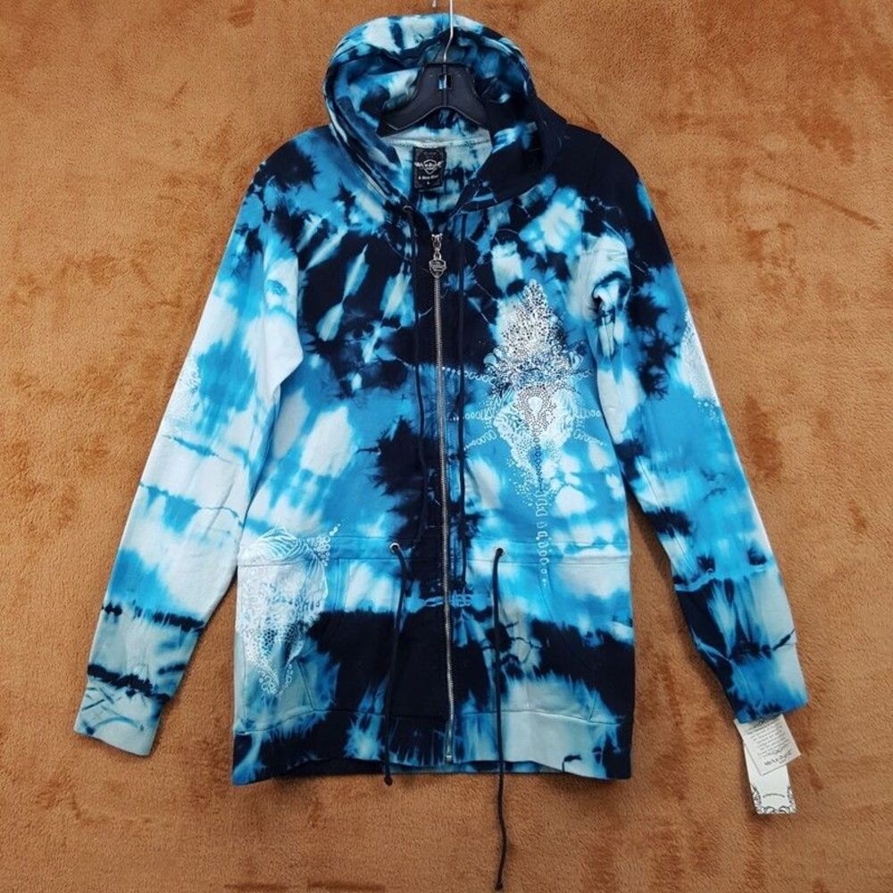 SLEDGE USA Vintage Hoodie Womens Large Blue Zip Tie Dye Rhinestone Tunic Y2K - Picture 2 of 10